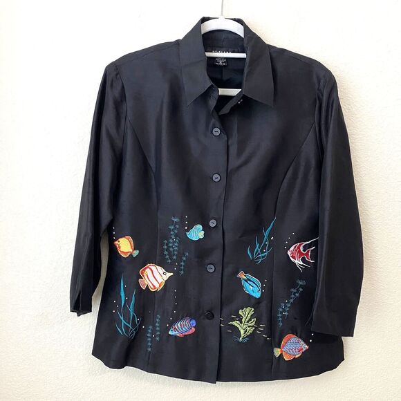 Silkland Tops - Silkland Blouse Top Womens Size 12 Silk Black Embroidered Fishes